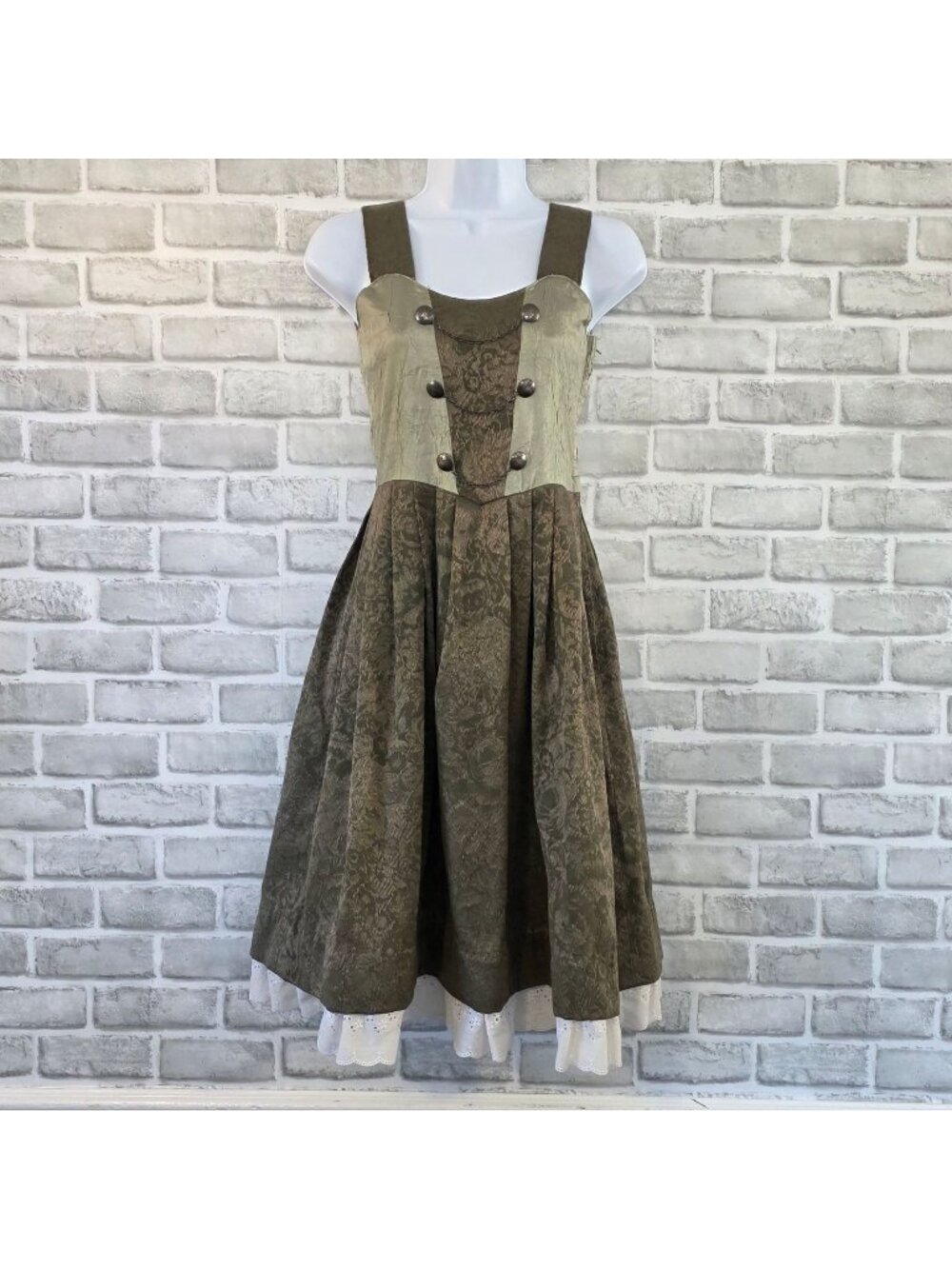 Handmade Olive Green Brocade Dirndl Midi Dress Oktoberfest Festival Size XS